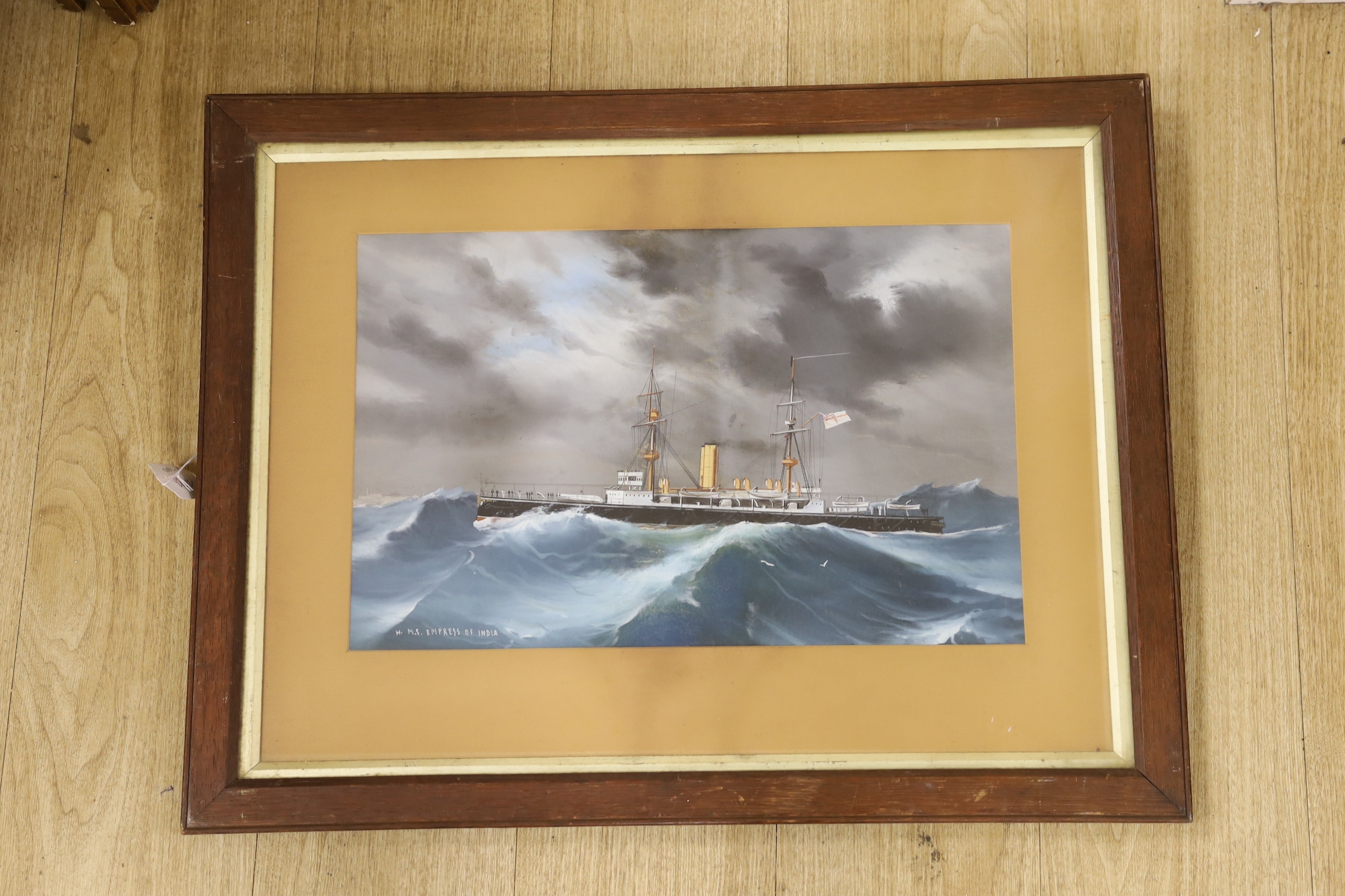 Neapolitan School, gouache, HMS Empress of India in rough seas, titled 30 x 47cm
